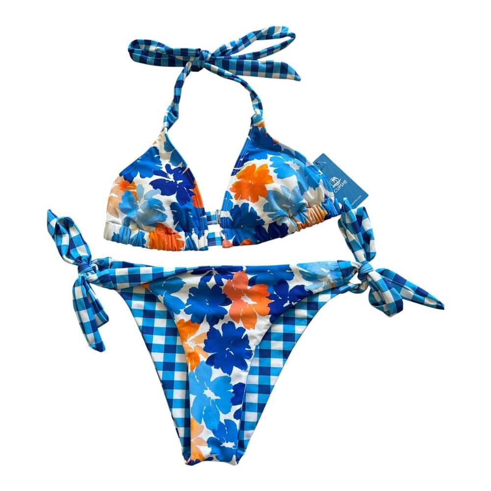 Cupshe Picnic Crush Reversible Bikini Set Floral Gingham Blue Orange XS